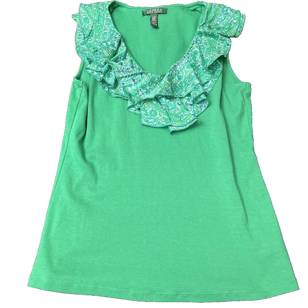 Lauren Ralph Lauren Sleeveless Collared Ruffled Shirt Green Womens Size Large